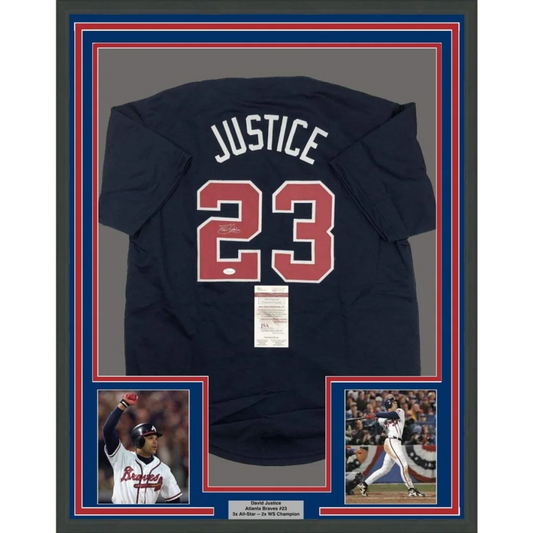 Framed Autographed David Justice 35x39 Atlanta Blue Baseball Jersey JSA COA | Hall of Fame Sports Memorabilia | vintageantiquesgifts.com