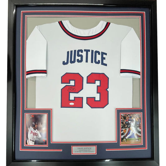 Framed David Justice autographed jersey with photos and plaque for sale