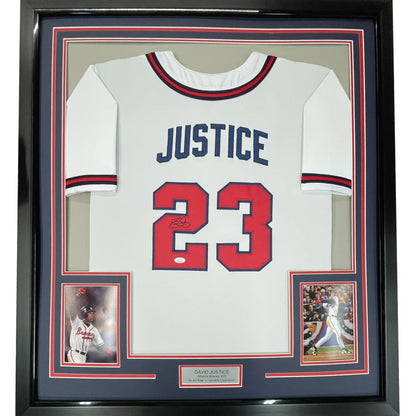 Framed David Justice autographed Atlanta white baseball jersey with Justice 23