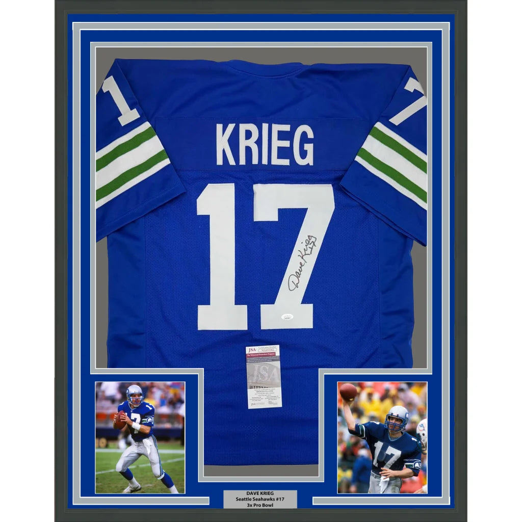 Signed David Krieg blue green striped jersey framed with JSA COA for man cave
