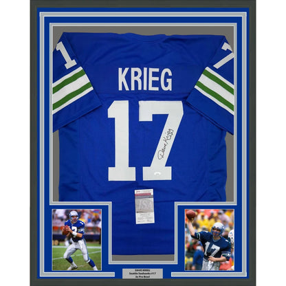 Signed David Krieg blue green striped jersey framed with JSA COA for man cave