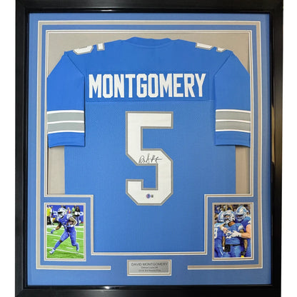 Framed Autographed David Montgomery 35x39 Detroit Blue Football Jersey Beckett BAS COA | Hall of Fame Sports Memorabilia | vintageantiquesgifts.com