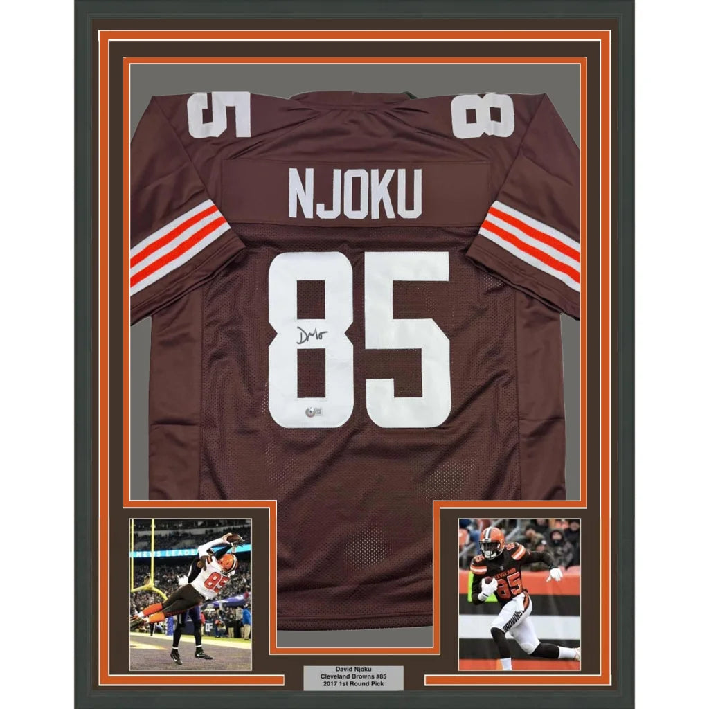 Professionally framed David Njoku Beckett BAS autographed jersey with action photos and plaque