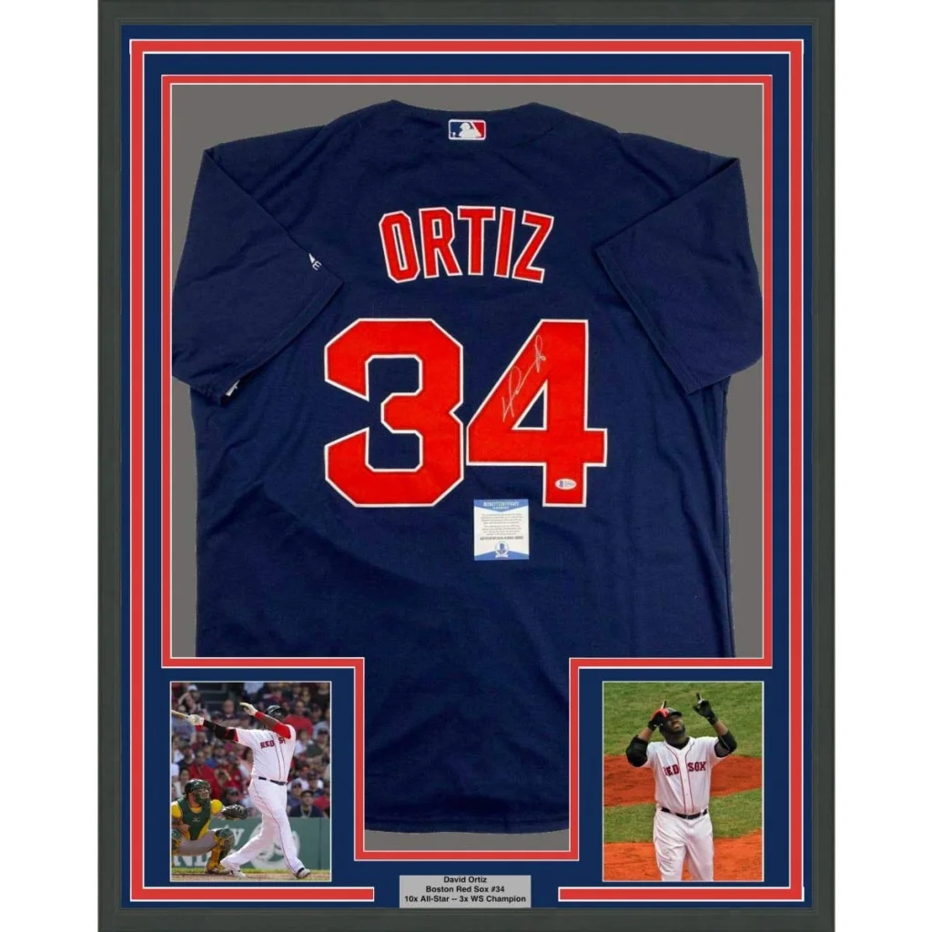 Framed Autographed David Ortiz 35x39 Boston Blue Baseball Jersey JSA COA | Hall of Fame Sports Memorabilia | vintageantiquesgifts.com
