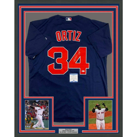Framed Autographed David Ortiz 35x39 Boston Blue Baseball Jersey JSA COA | Hall of Fame Sports Memorabilia | vintageantiquesgifts.com