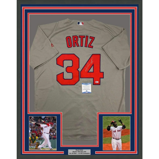 Framed autographed gray David Ortiz Red Sox jersey with Ortiz 34 JSA COA