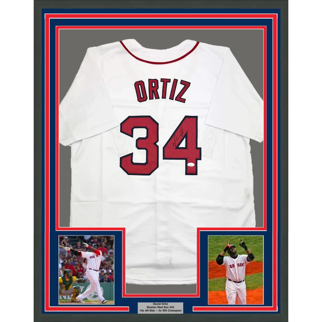 Framed Autographed David Ortiz 35x39 Boston White Baseball Jersey JSA COA | Hall of Fame Sports Memorabilia | vintageantiquesgifts.com