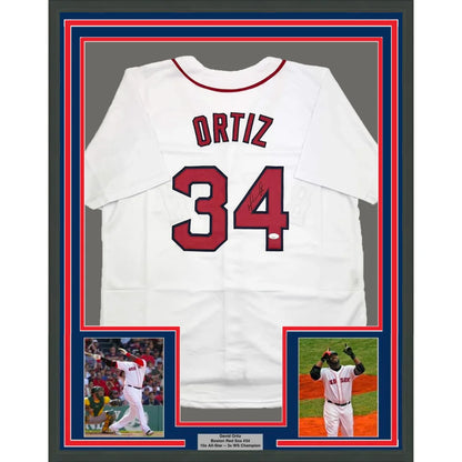 Framed Autographed David Ortiz 35x39 Boston White Baseball Jersey JSA COA | Hall of Fame Sports Memorabilia | vintageantiquesgifts.com