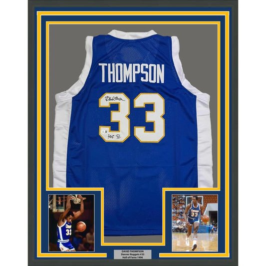 Framed Autographed David Thompson 35x39 HOF 96 Denver Blue Retro Rainbow Basketball Jersey Beckett BAS COA | Hall of Fame Sports Memorabilia | vintageantiquesgifts.com