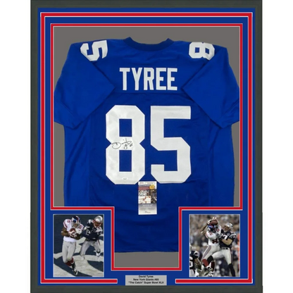 Framed signed David Tyree New York Giants blue Super Bowl XLII jersey with Tyree 85, JSA COA