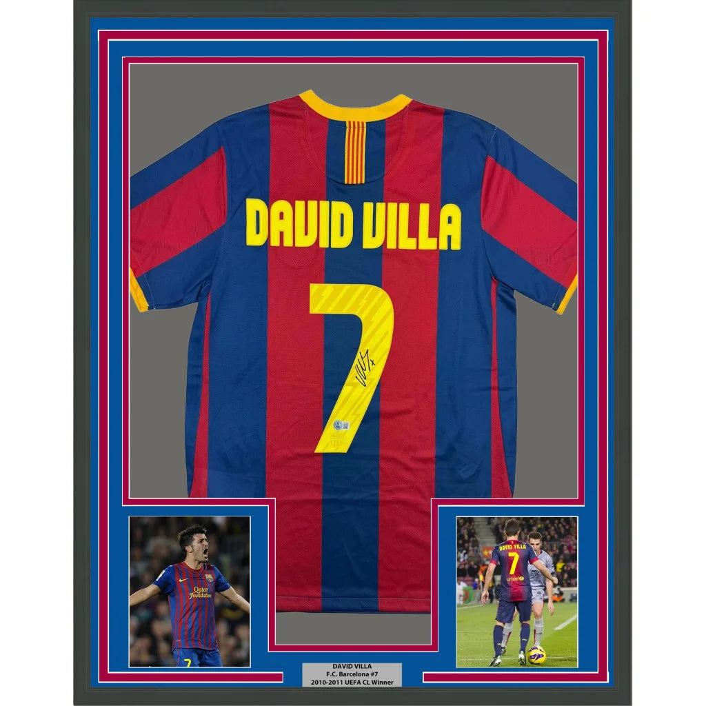 Framed Autographed David Villa 35x39 FC Barcelona Blue Soccer Jersey Beckett BAS COA | Hall of Fame Sports Memorabilia | vintageantiquesgifts.com