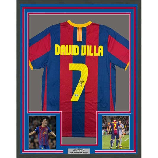 Framed Autographed David Villa 35x39 FC Barcelona Blue Soccer Jersey Beckett BAS COA | Hall of Fame Sports Memorabilia | vintageantiquesgifts.com