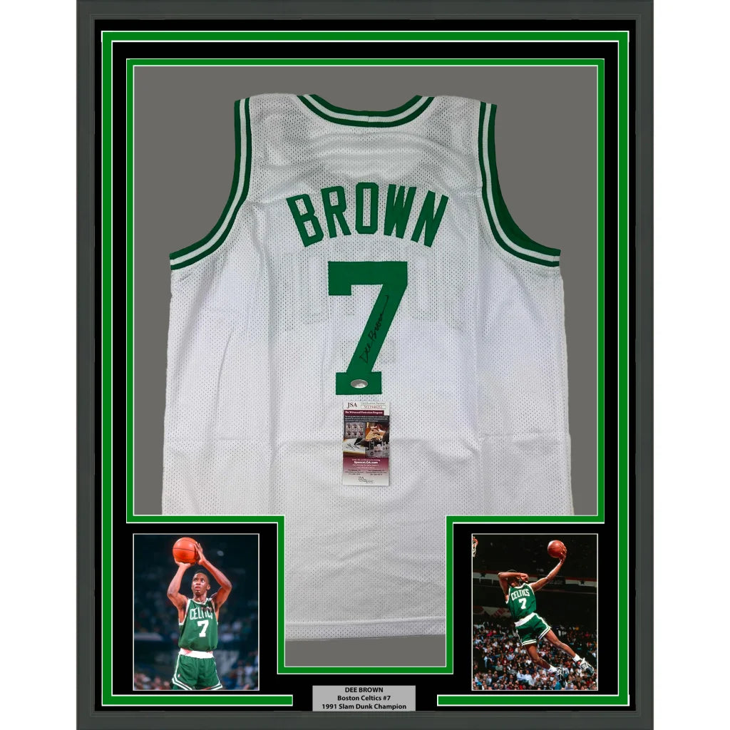 Framed Dee Brown Celtics jersey with action photos, signed and ready to display