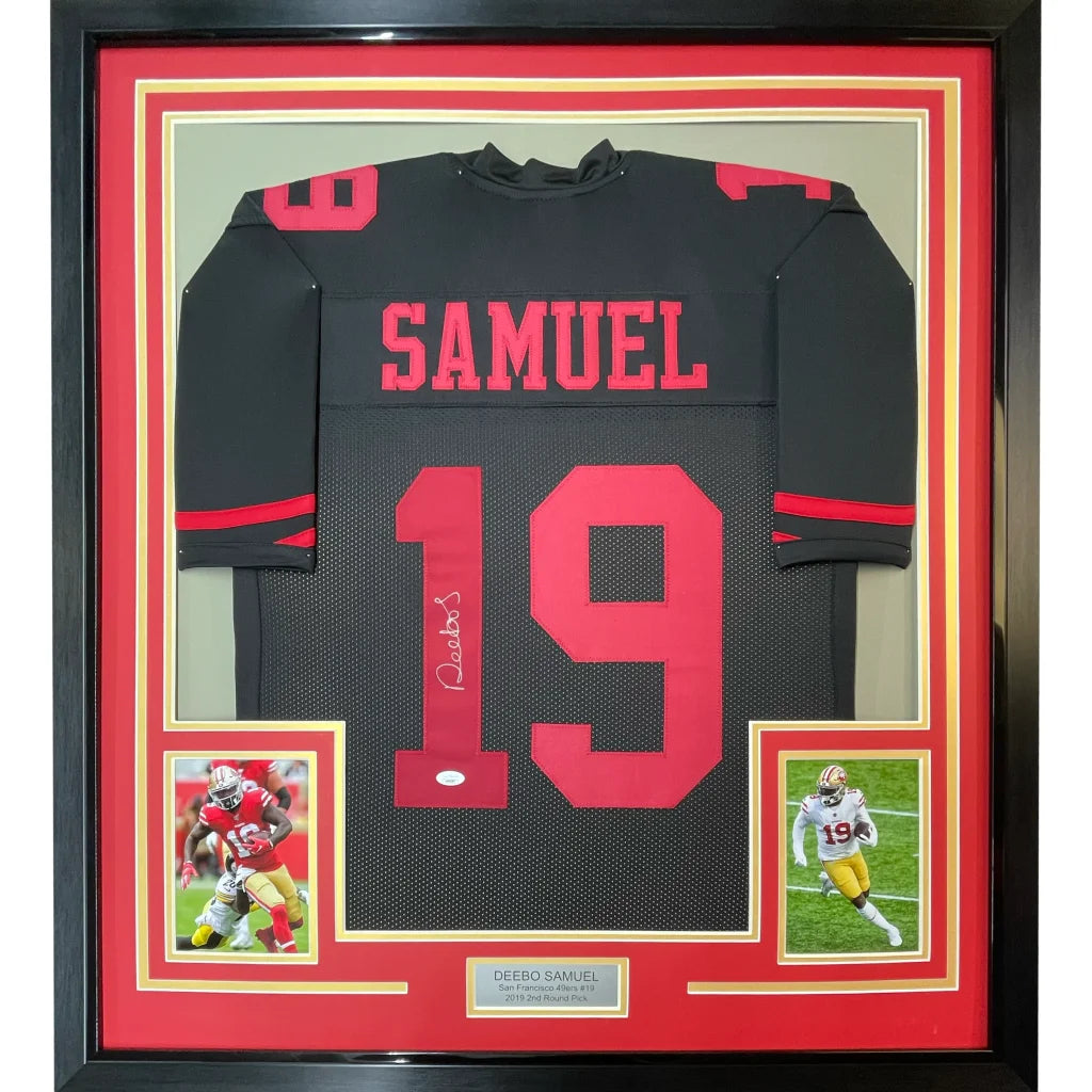 Framed Deebo Samuel signed 49ers jersey with autograph and two player photos
