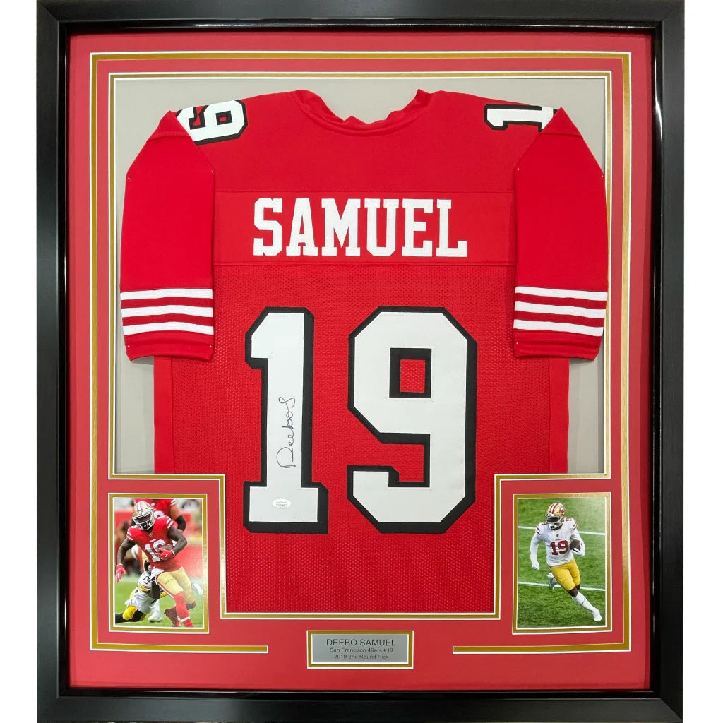 Framed Autographed Deebo Samuel 35x39 San Francisco Red Alternate Football Jersey JSA COA | Hall of Fame Sports Memorabilia | vintageantiquesgifts.com
