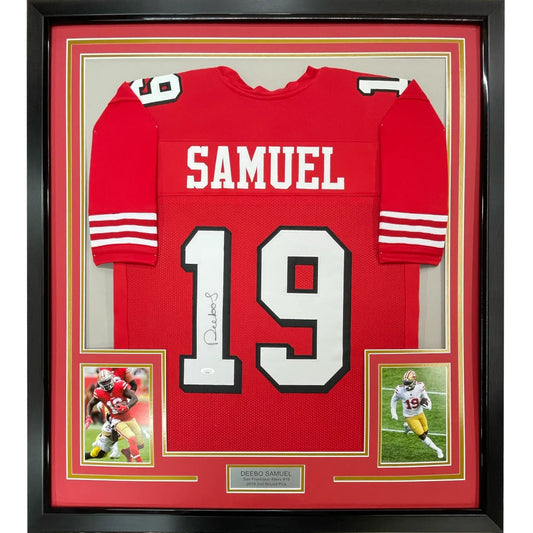 Framed Deebo Samuel San Francisco 49ers jersey with action photos and plaque for your man cave