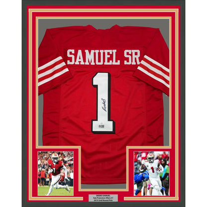 Professionally framed Deebo Samuel 49ers autographed jersey with action photos display