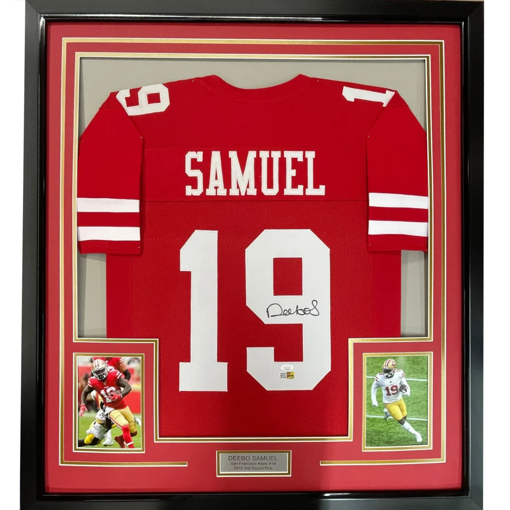 Framed Autographed Deebo Samuel 35x39 San Francisco Red Football Jersey JSA COA | Hall of Fame Sports Memorabilia | vintageantiquesgifts.com