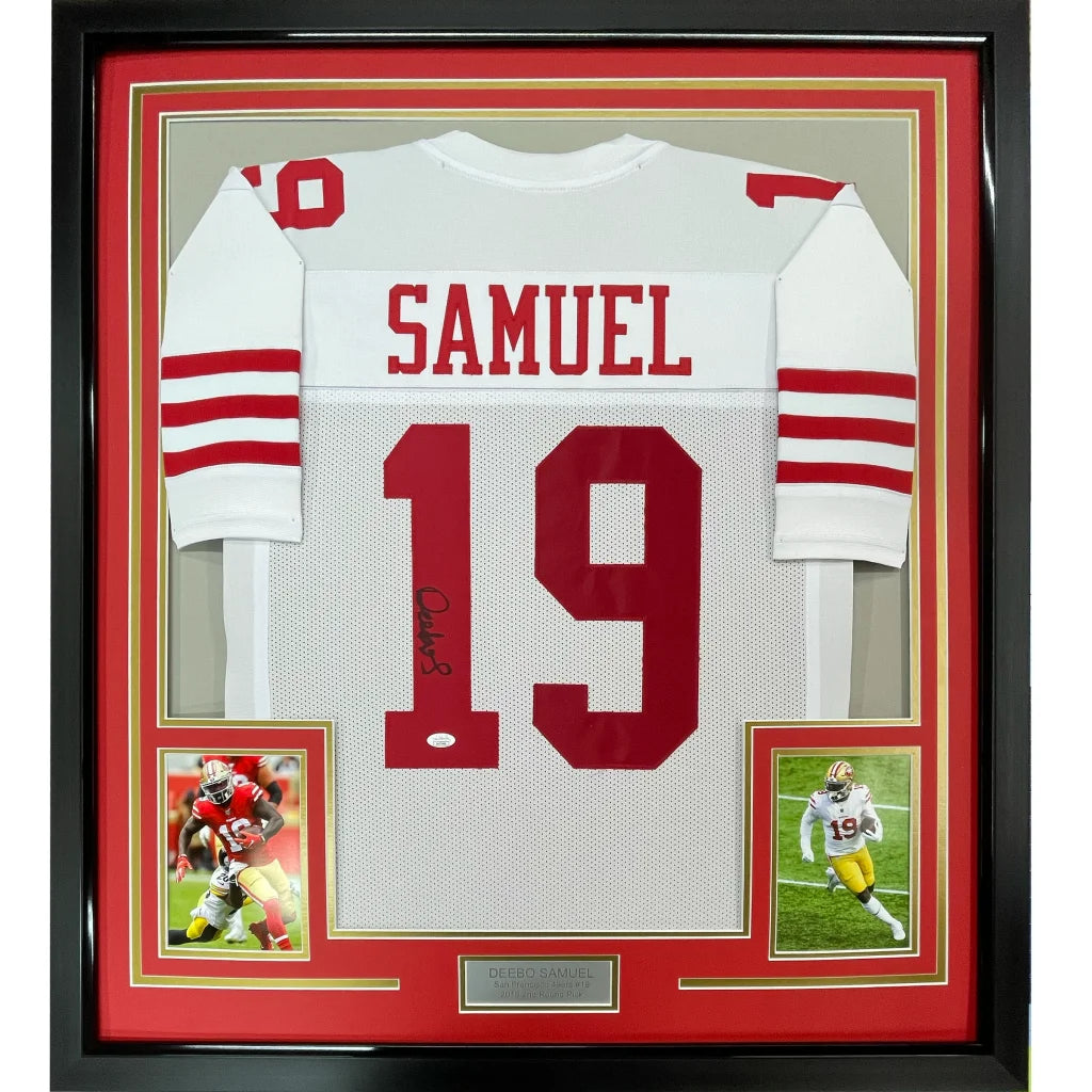 Framed Autographed Deebo Samuel 35x39 San Francisco White Football Jersey JSA COA | Hall of Fame Sports Memorabilia | vintageantiquesgifts.com