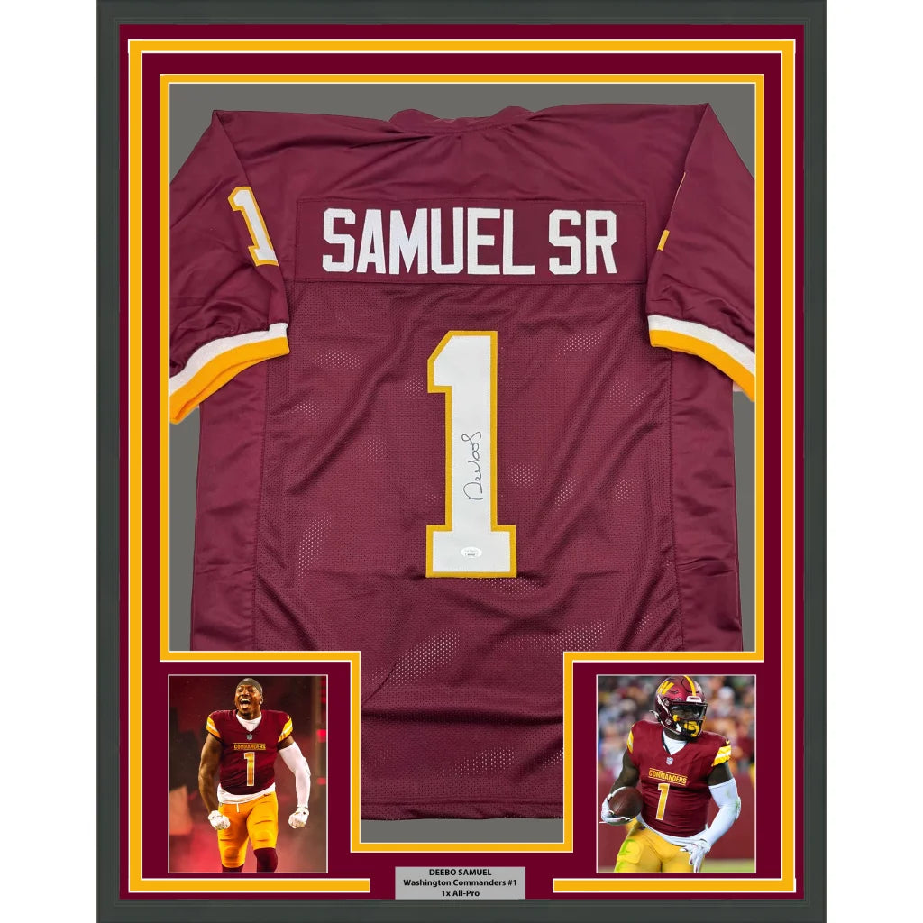 Framed Autographed Deebo Samuel 35x39 Washington Burgundy Football Jersey JSA COA | Hall of Fame Sports Memorabilia | vintageantiquesgifts.com