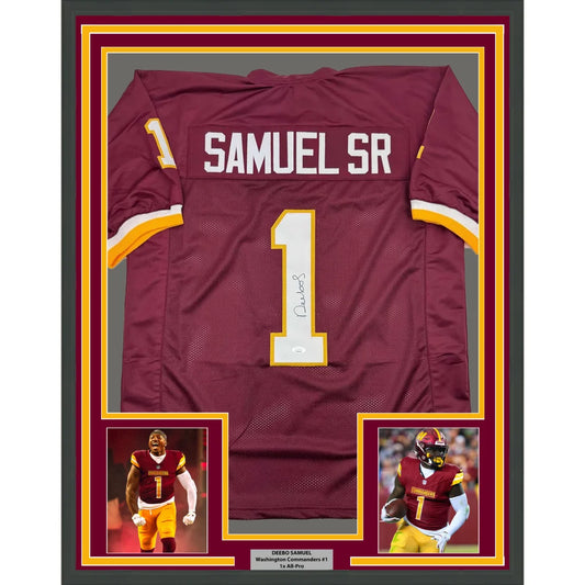 Framed Autographed Deebo Samuel 35x39 Washington Burgundy Football Jersey JSA COA | Hall of Fame Sports Memorabilia | vintageantiquesgifts.com