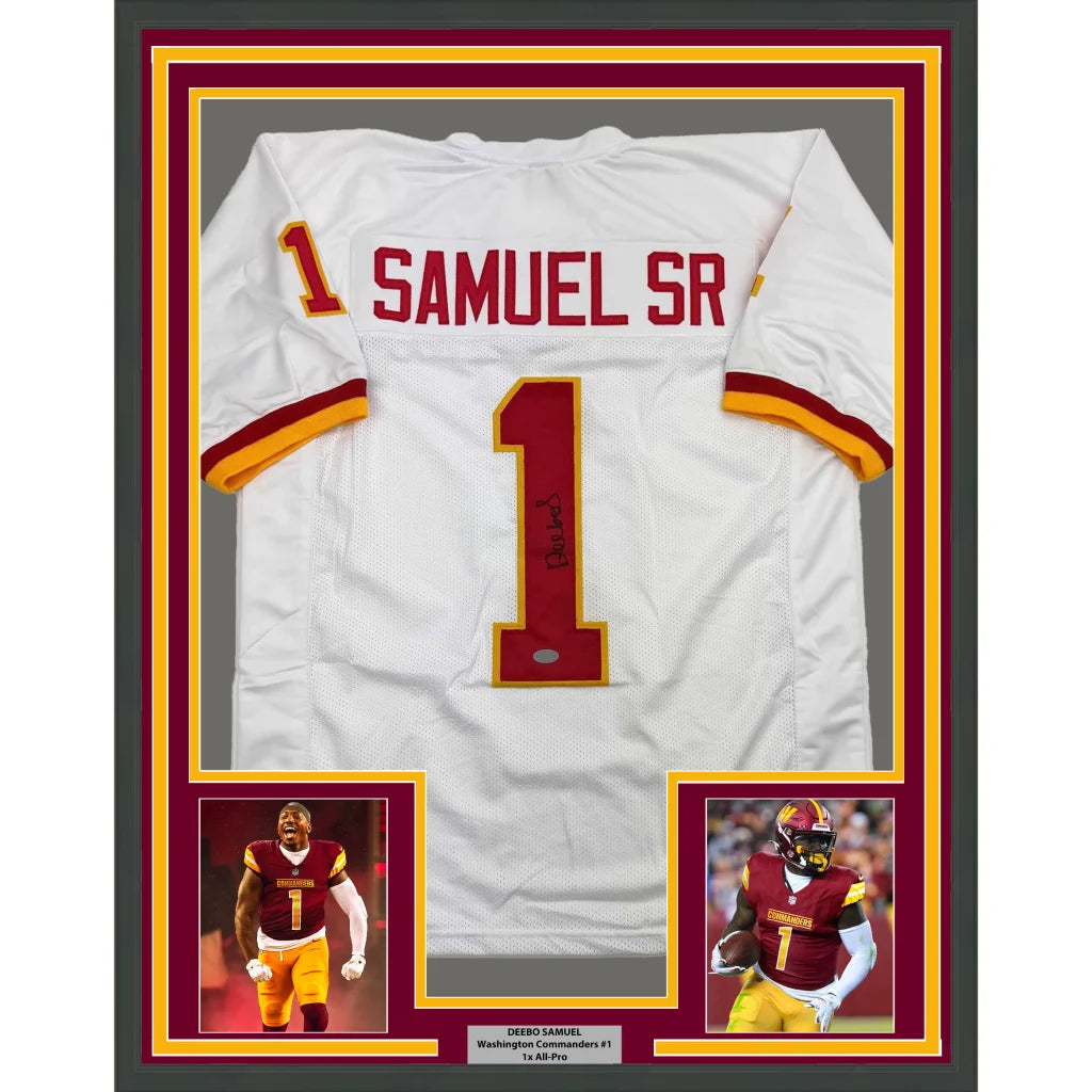Framed white football jersey with player photos ready to display