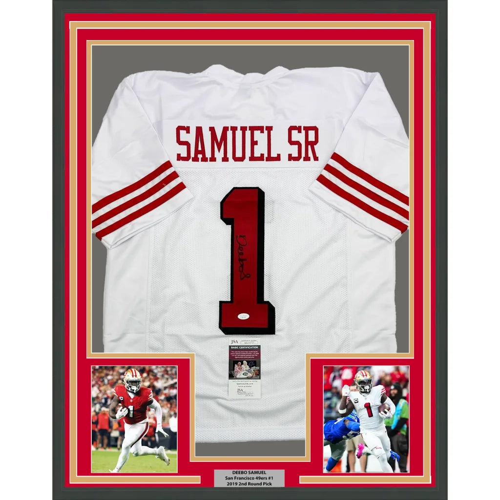 Framed Autographed Deebo Samuel Sr. #1 35x39 San Francisco White Alternate Football Jersey JSA COA | Hall of Fame Sports Memorabilia | vintageantiquesgifts.com