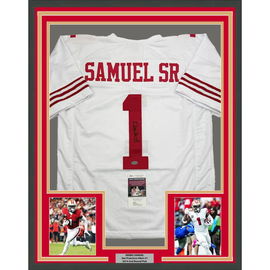 Framed Deebo Samuel San Francisco jersey with player photos and authenticity cert for man cave