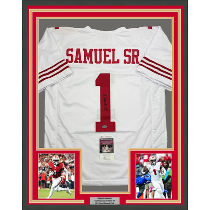 Framed autographed Deebo Samuel Sr. #1 white 49ers jersey JSA COA