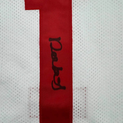Framed autographed Deebo Samuel Sr. #1 white 49ers jersey with red patch
