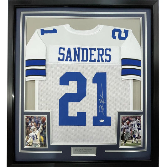 Framed autographed white and blue dallas cowboys football jersey number 21 sanders with beckett bas coa