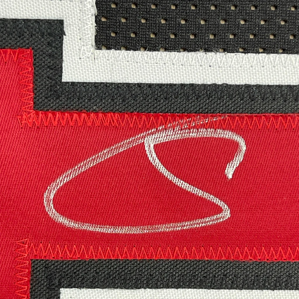 Close-up of red fabric patch with white embroidered S on Demar DeRozan Bulls jersey for man cave