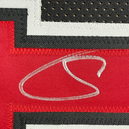 Close-up of red fabric patch with white embroidered S on Demar DeRozan Bulls jersey for man cave