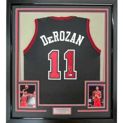 Framed Autographed DeMar DeRozan 35x39 Chicago Black Basketball Jersey Beckett BAS COA | Hall of Fame Sports Memorabilia | vintageantiquesgifts.com