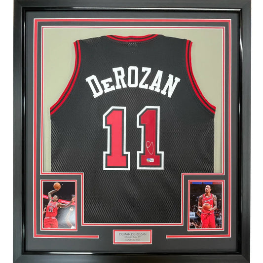 Framed Autographed DeMar DeRozan 35x39 Chicago Black Basketball Jersey Beckett BAS COA | Hall of Fame Sports Memorabilia | vintageantiquesgifts.com