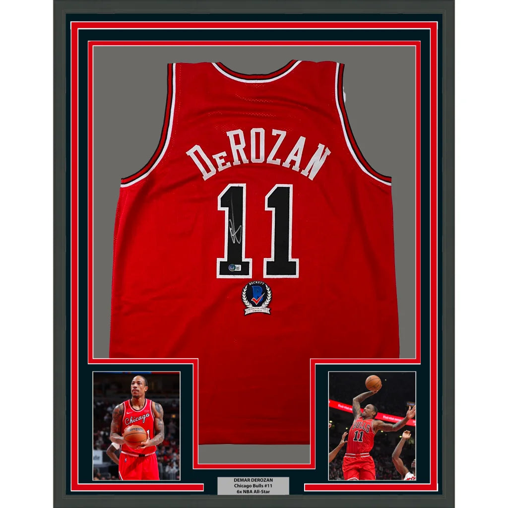 DeMar DeRozan autographed jersey in a professionally framed Beckett BAS display with action photos