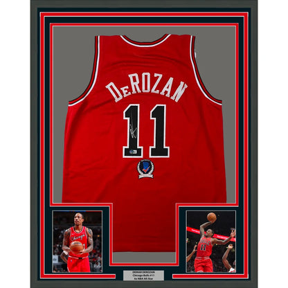 DeMar DeRozan autographed jersey in a professionally framed Beckett BAS display with action photos