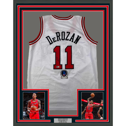 Framed Autographed DeMar DeRozan 35x39 Chicago White Basketball Jersey Beckett BAS COA | Hall of Fame Sports Memorabilia | vintageantiquesgifts.com