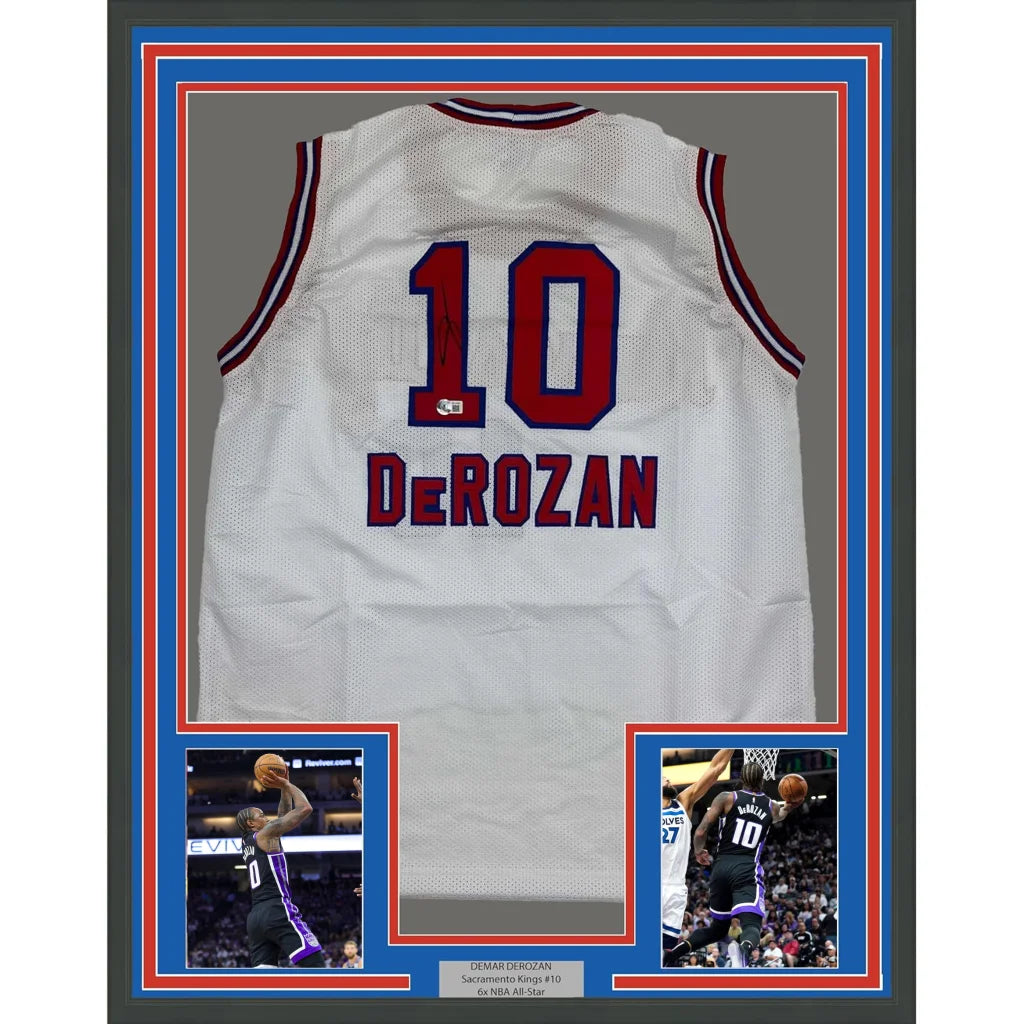 Framed Autographed DeMar DeRozan 35x39 Sacramento White Kansas City Retro Basketball Jersey Beckett BAS COA | Hall of Fame Sports Memorabilia | vintageantiquesgifts.com