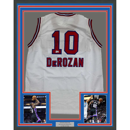 Framed Autographed DeMar DeRozan 35x39 Sacramento White Kansas City Retro Basketball Jersey Beckett BAS COA | Hall of Fame Sports Memorabilia | vintageantiquesgifts.com