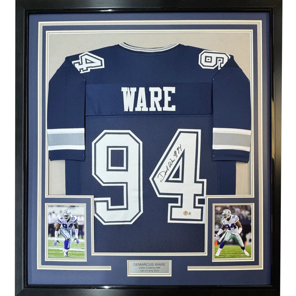 Framed DeMarcus Ware signed Dallas Cowboys jersey with photos and autograph display