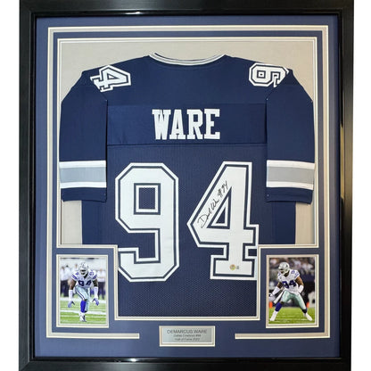 Framed DeMarcus Ware signed Dallas Cowboys jersey with photos and autograph display