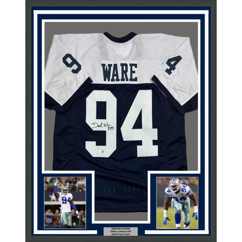 Framed back of signed Demarcus Ware Dallas Cowboys jersey number 94