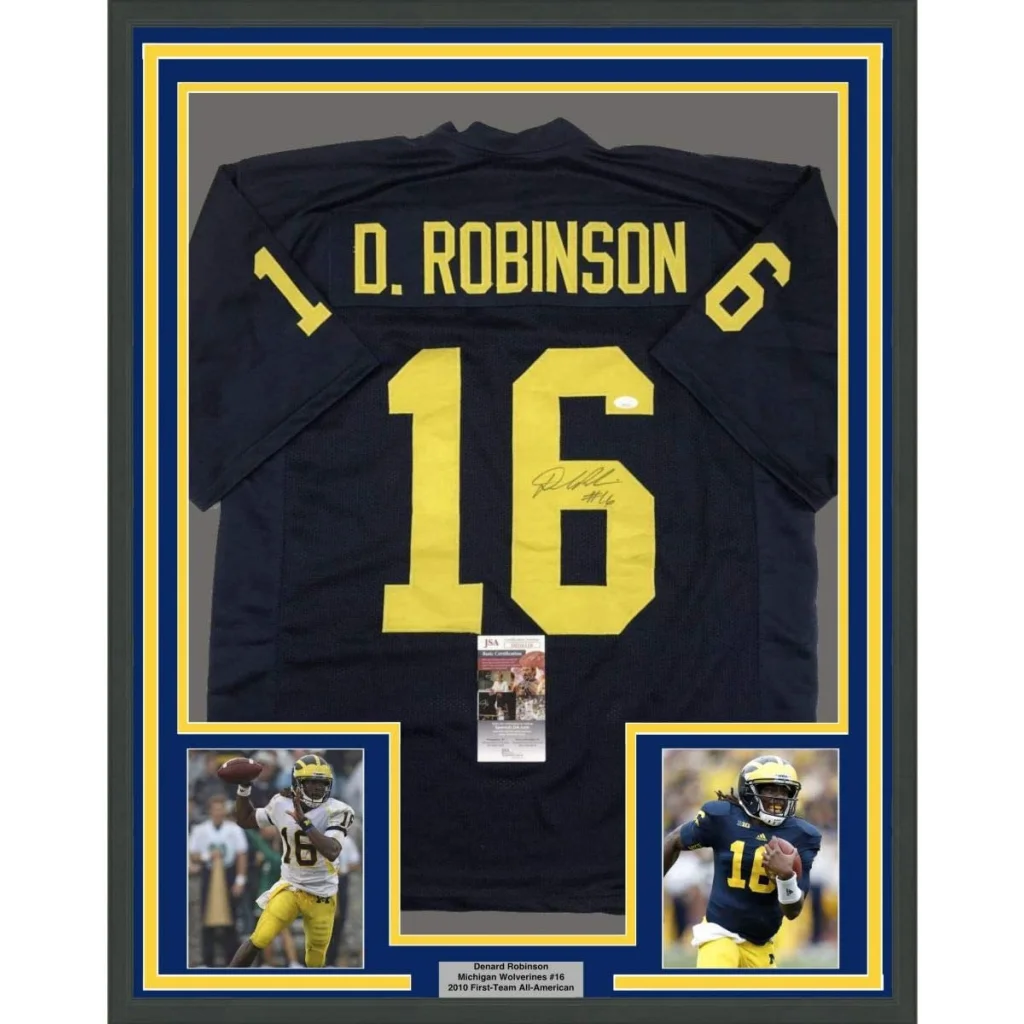 Framed autographed Denard Robinson Michigan Wolverines navy blue jersey with yellow lettering and JSA COA