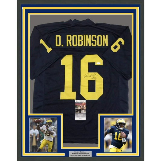 Framed autographed Denard Robinson Michigan Wolverines navy blue jersey with yellow lettering and JSA COA