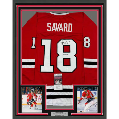 Framed signed Denis Savard Chicago Blackhawks jersey with photos