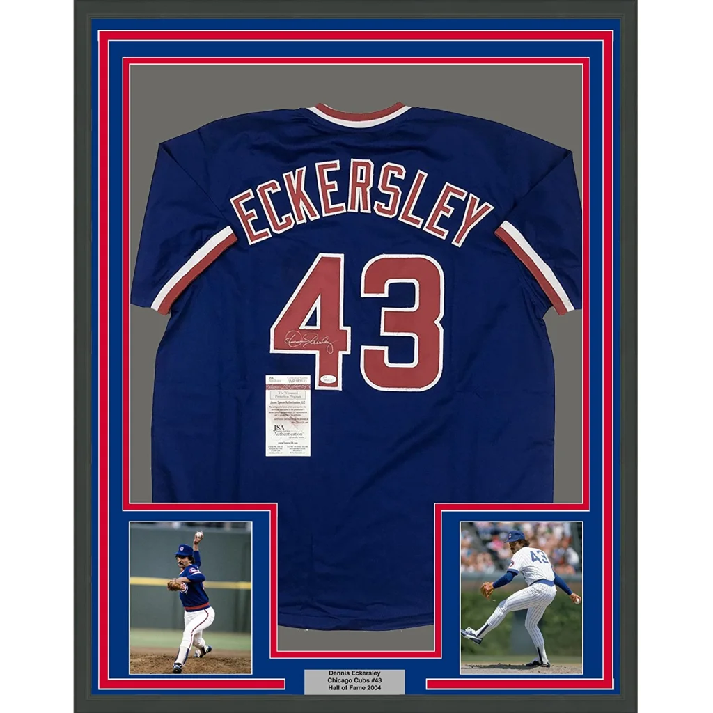 Framed Dennis Eckersley Cubs jersey with silver autograph and two action photos