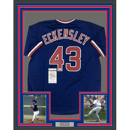 Framed Dennis Eckersley Cubs jersey with silver autograph and two action photos