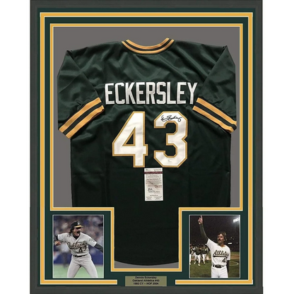 Framed autographed Dennis Eckersley Oakland green jersey back, JSA COA