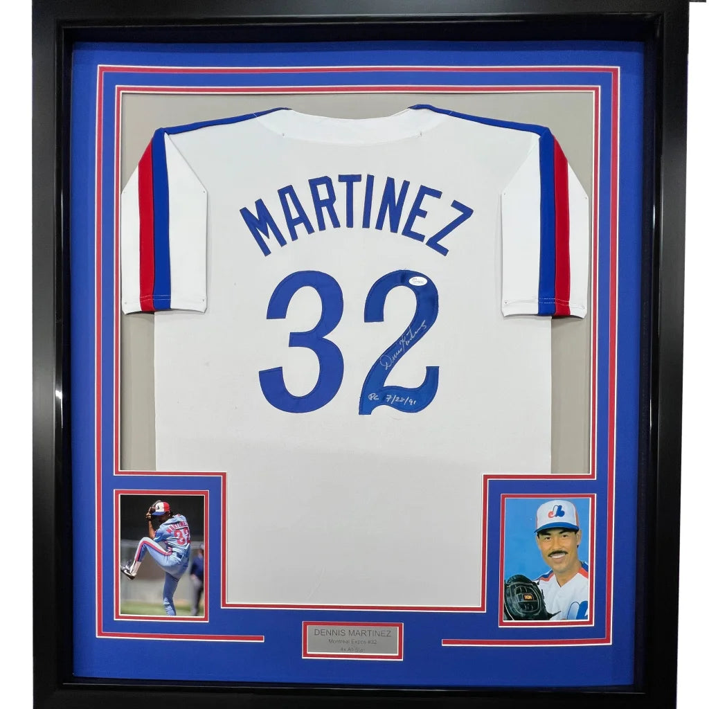 Framed autographed Dennis Martinez Montreal white baseball jersey with name and number